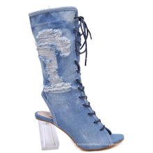 2020 sandals women summer shoes denim ladies comfort lace up sandal rubber block heel transparent chunky heel